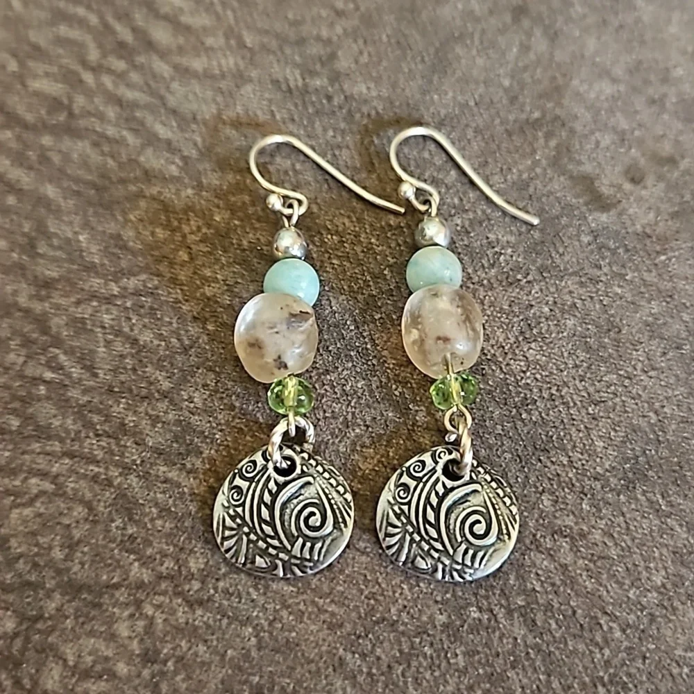 HANDMADE Rustic African Glass Amazonite Beaded Dangle Hook Earrings